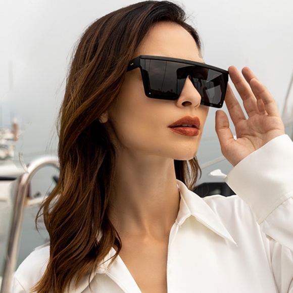 Luxury Square Oversized Sunglasses Women Fashion Y2K Flat Top Large Black Frame - Picture 3 of 5